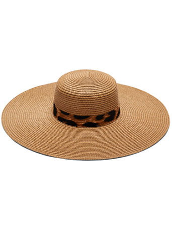 Leopard-Print Ribbon Raffia Floppy Hat